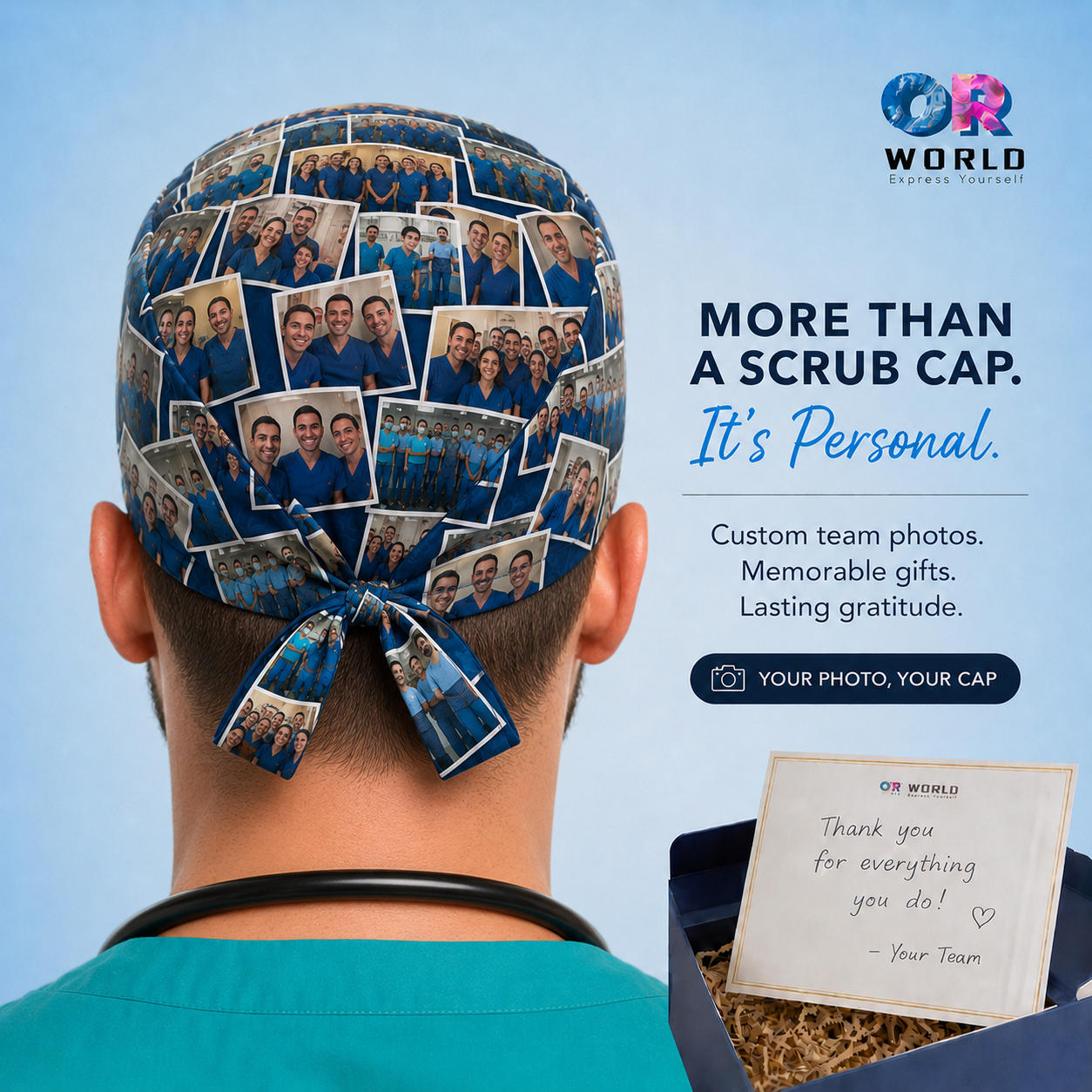 custom photo polaroid collage mens scrub cap back view — handmade personalized surgical hat USA — OR team gift OR World