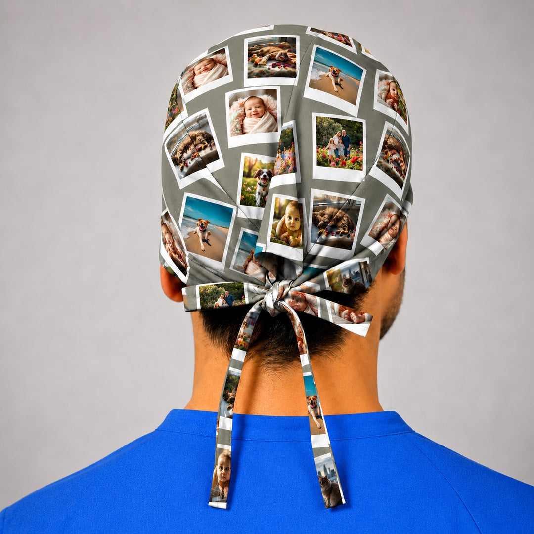 Back view of custom photo Polaroid collage scrub cap for men showing tie back closure with personalized photos on the ties, Polaroid photo print surgical hat, handmade in USA gift for surgeon retirement and graduation, OR World