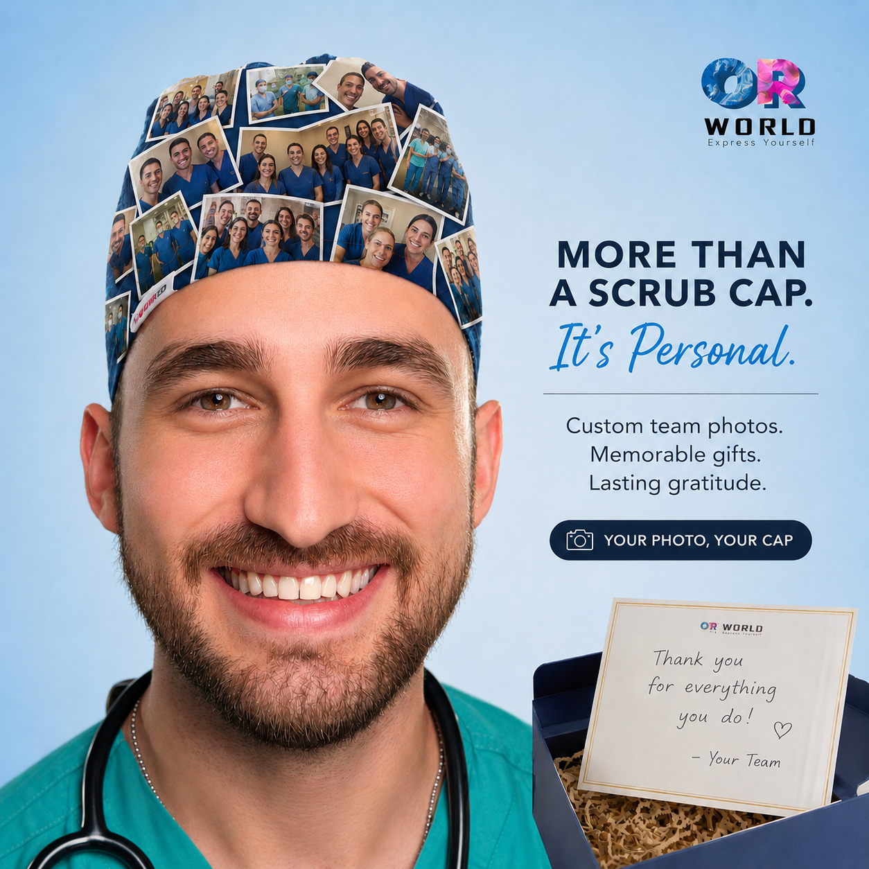 custom photo polaroid collage mens scrub cap front view — personalized gift for surgeon with team photos — handmade USA OR World