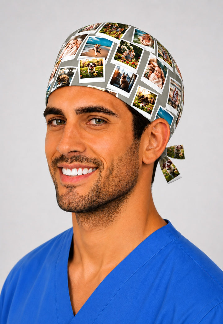 Custom photo Polaroid collage scrub cap for men, front view on a male surgeon in blue scrubs, personalized photos printed Polaroid style on a sage gray surgical hat, handmade in USA, gift for surgeons, OR World