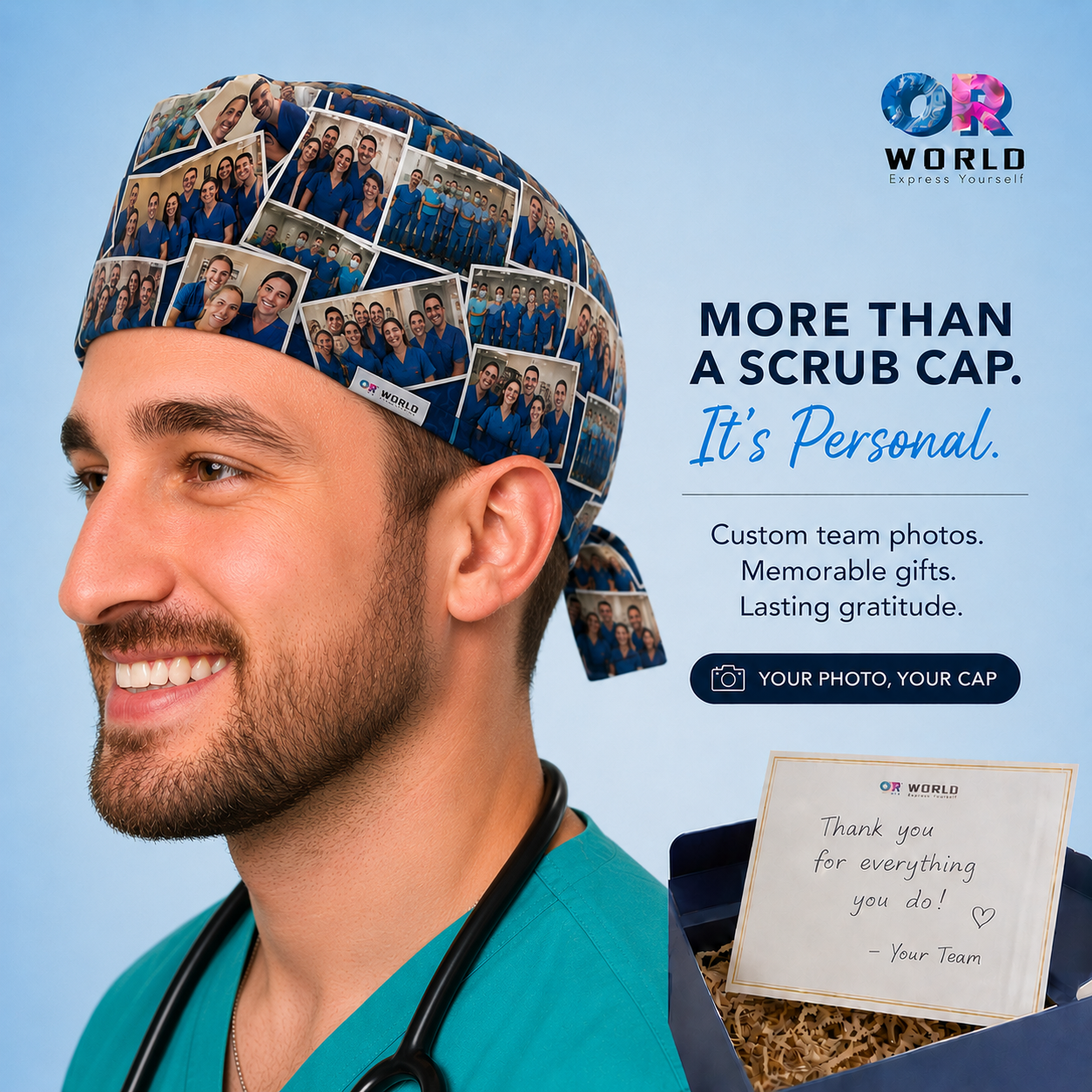 custom photo polaroid collage mens scrub cap left side view — best gift for surgeon from OR team — personalized surgical hat OR World