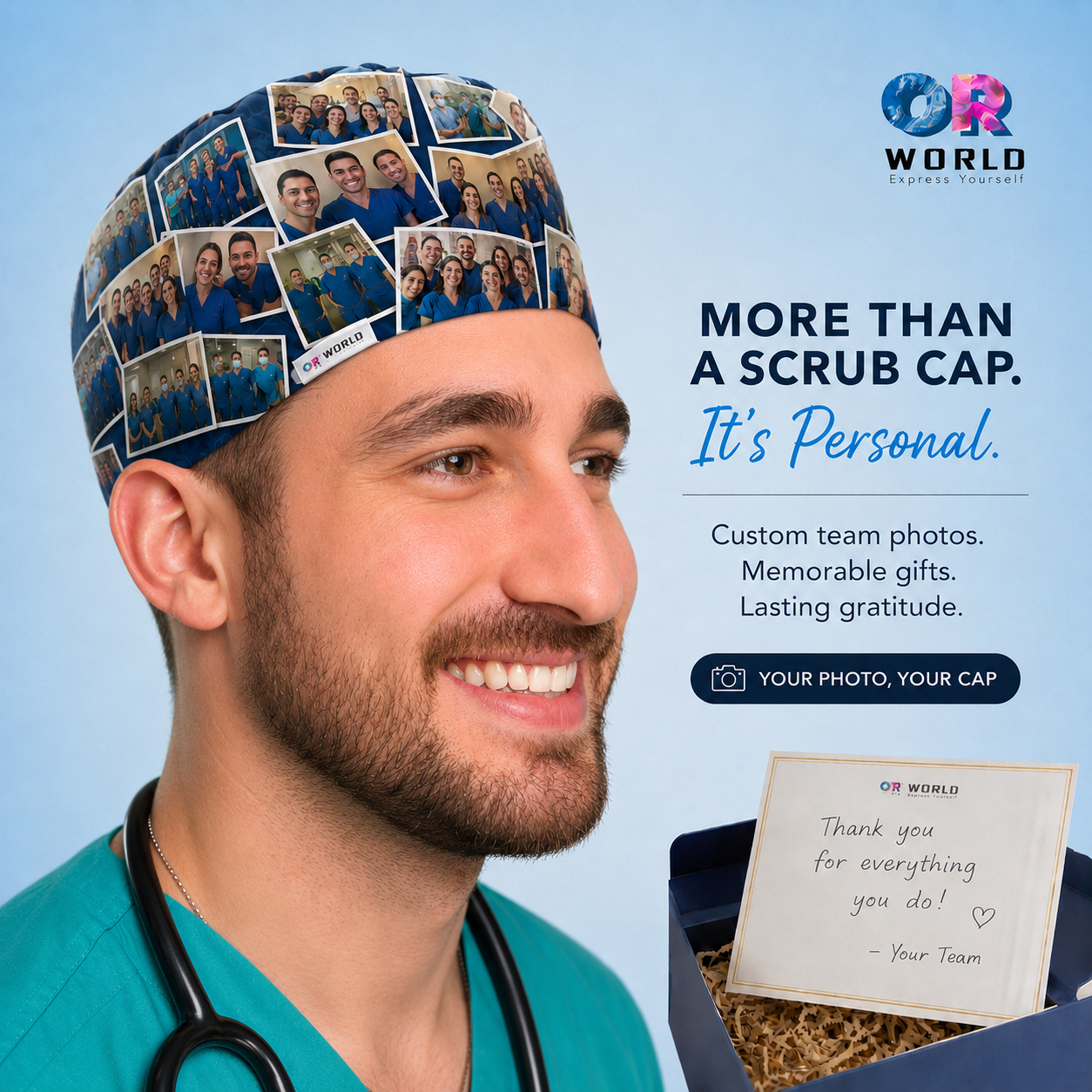 custom photo polaroid collage mens scrub cap right side view — best gift for surgeon from OR team — personalized surgical hat OR World