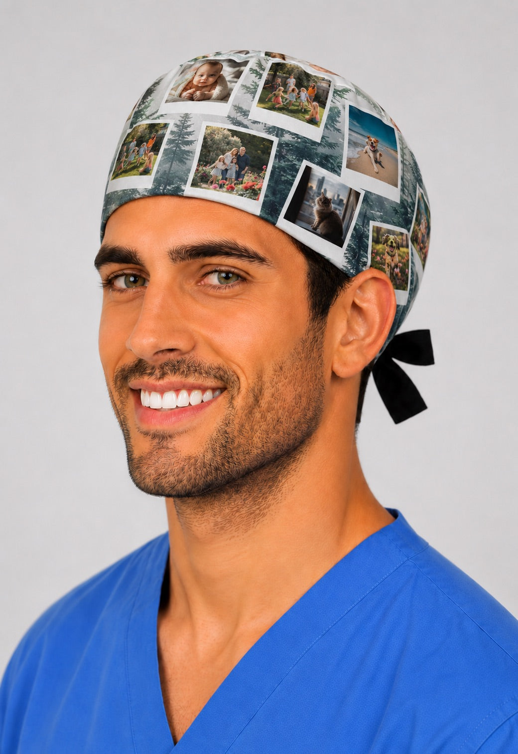 Custom photo Polaroid collage scrub cap for men on a misty forest background, front three quarter view on a male surgeon in blue scrubs, personalized Polaroid photos of family and pets printed across a tie back surgical hat, handmade in USA gift for surgeons, OR World