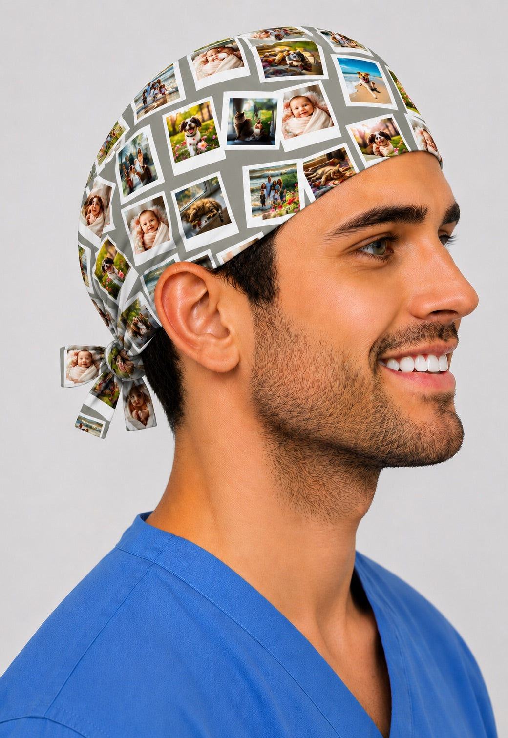 Side profile of custom photo Polaroid collage scrub cap for men, personalized photo surgical hat with tie back, scattered Polaroid prints on sage gray, handmade in USA keepsake gift for surgeons and OR teams, OR World