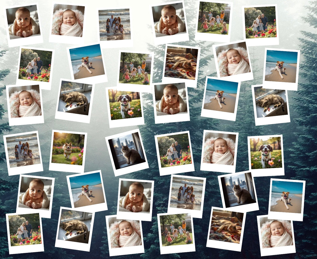 Custom photo Polaroid collage scrub cap background option, misty forest, personalized photos printed on a surgical hat scattered like a gallery, handmade in USA custom photo gift for surgeons and nurses, OR World