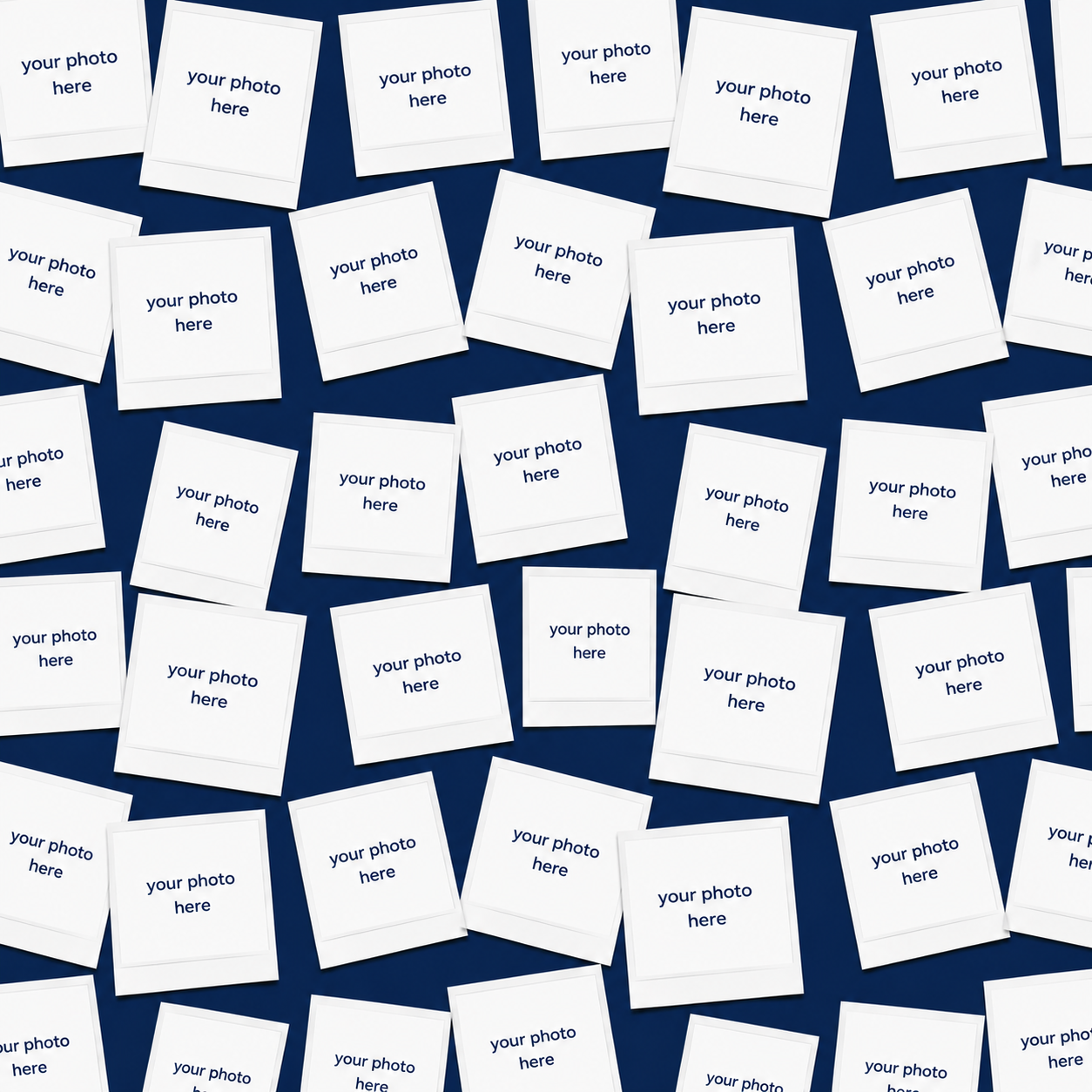 Custom photo scrub cap fabric swatch featuring navy blue background with personalized Polaroid team photos to upload for surgeons, nurses, surgical technologists, veterinarians, residents, and healthcare professionals. Custom printed photo fabric for meaningful hospital team gifts with handwritten thank you notes.