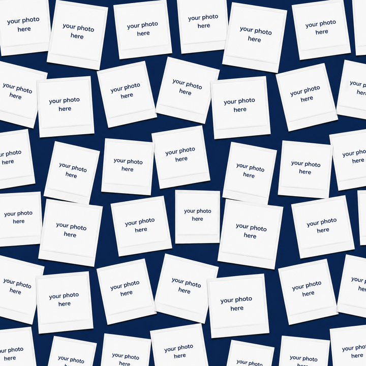 Custom photo scrub cap fabric swatch featuring navy blue background with personalized Polaroid team photos to upload for surgeons, nurses, surgical technologists, veterinarians, residents, and healthcare professionals. Custom printed photo fabric for meaningful hospital team gifts with handwritten thank you notes.