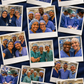 Custom photo scrub cap fabric swatch featuring navy blue background with personalized Polaroid team photos for surgeons, nurses, surgical technologists, veterinarians, residents, physician assistants, and healthcare professionals. Custom printed photo fabric for meaningful hospital team gifts with handwritten thank you notes.