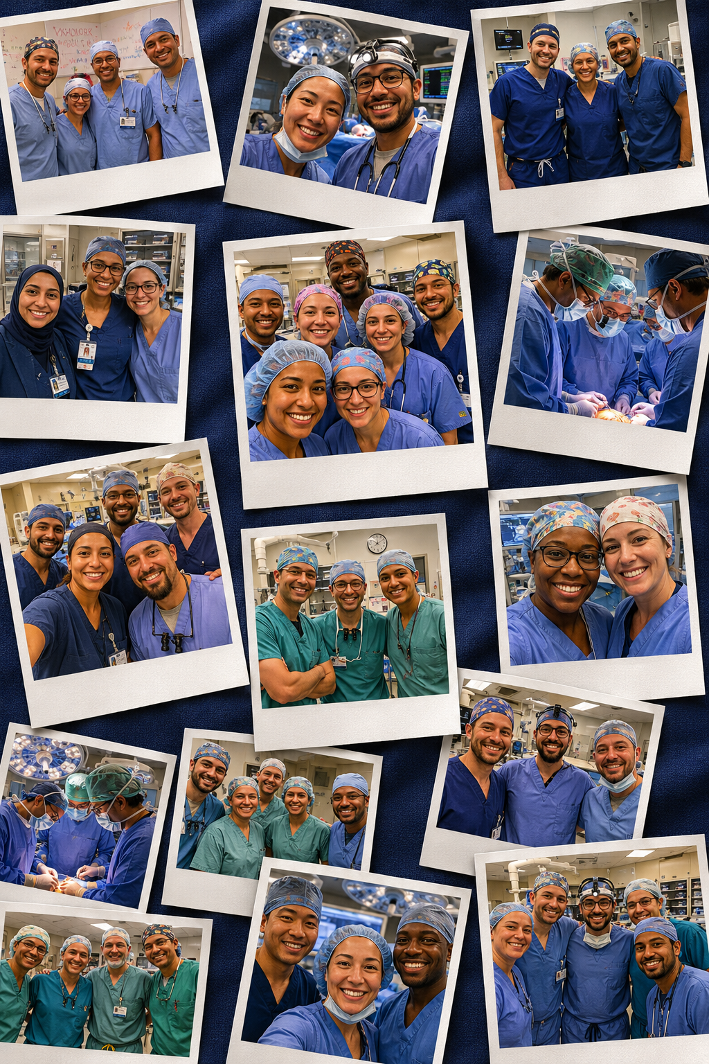 Custom photo scrub cap fabric swatch featuring navy blue background with personalized Polaroid team photos for surgeons, nurses, surgical technologists, veterinarians, residents, physician assistants, and healthcare professionals. Custom printed photo fabric for meaningful hospital team gifts with handwritten thank you notes.