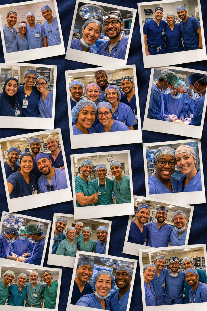 Custom photo scrub cap fabric swatch featuring navy blue background with personalized Polaroid team photos for surgeons, nurses, surgical technologists, veterinarians, residents, physician assistants, and healthcare professionals. Custom printed photo fabric for meaningful hospital team gifts with handwritten thank you notes.