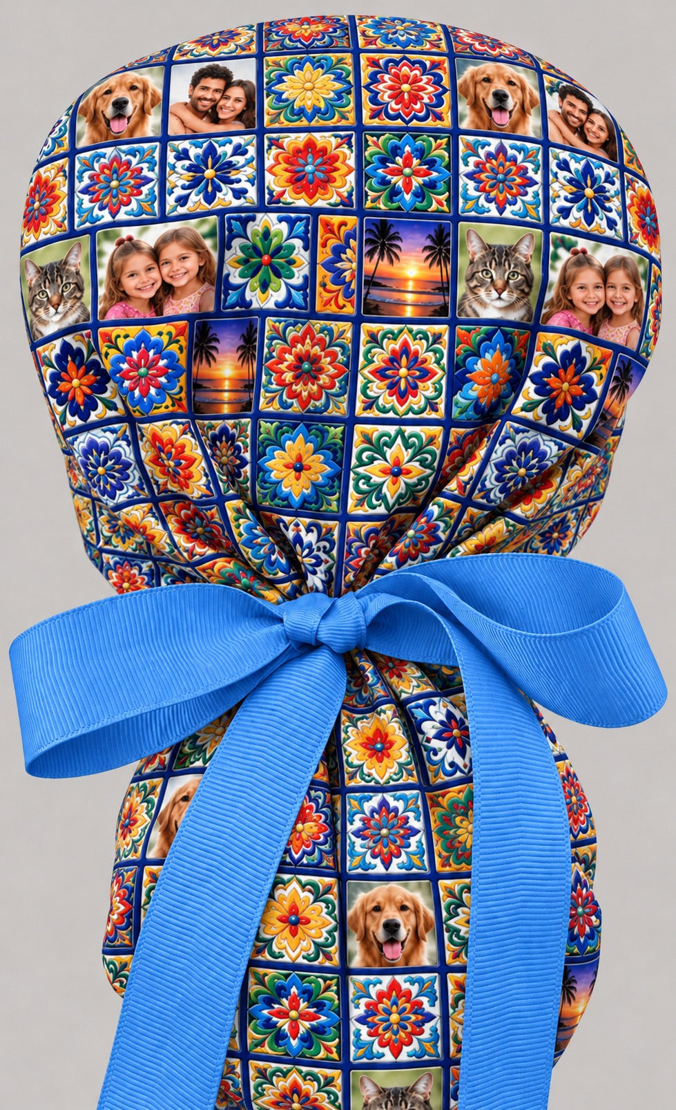 Back view of the custom photo ponytail cap, showing the tile grid across the crown and long cobalt blue grosgrain ribbon tails tied in a wide bow
