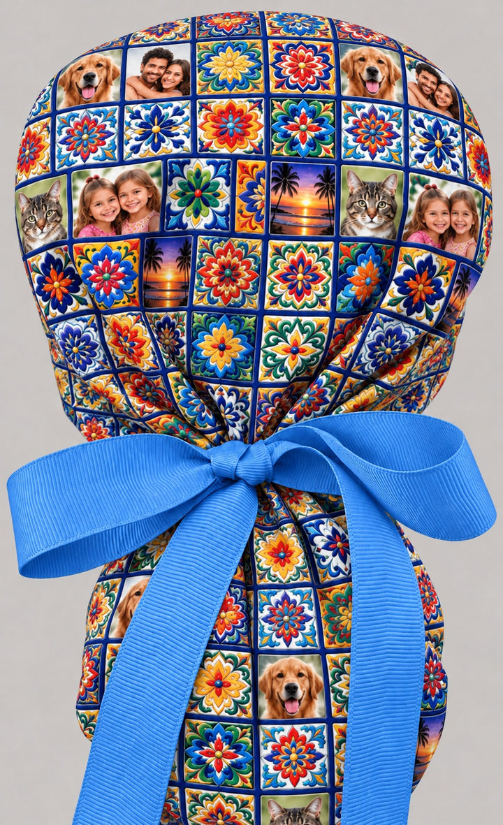 Back view of the custom photo ponytail cap, showing the tile grid across the crown and long cobalt blue grosgrain ribbon tails tied in a wide bow
