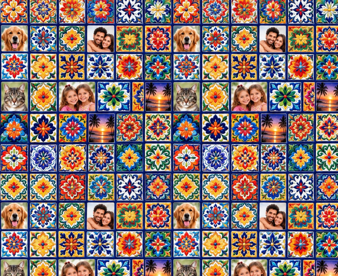 Fabric detail of the Talavera custom photo print used on the ponytail cap, with floral tiles alternating with pet, kids, couple and beach sunset photo squares