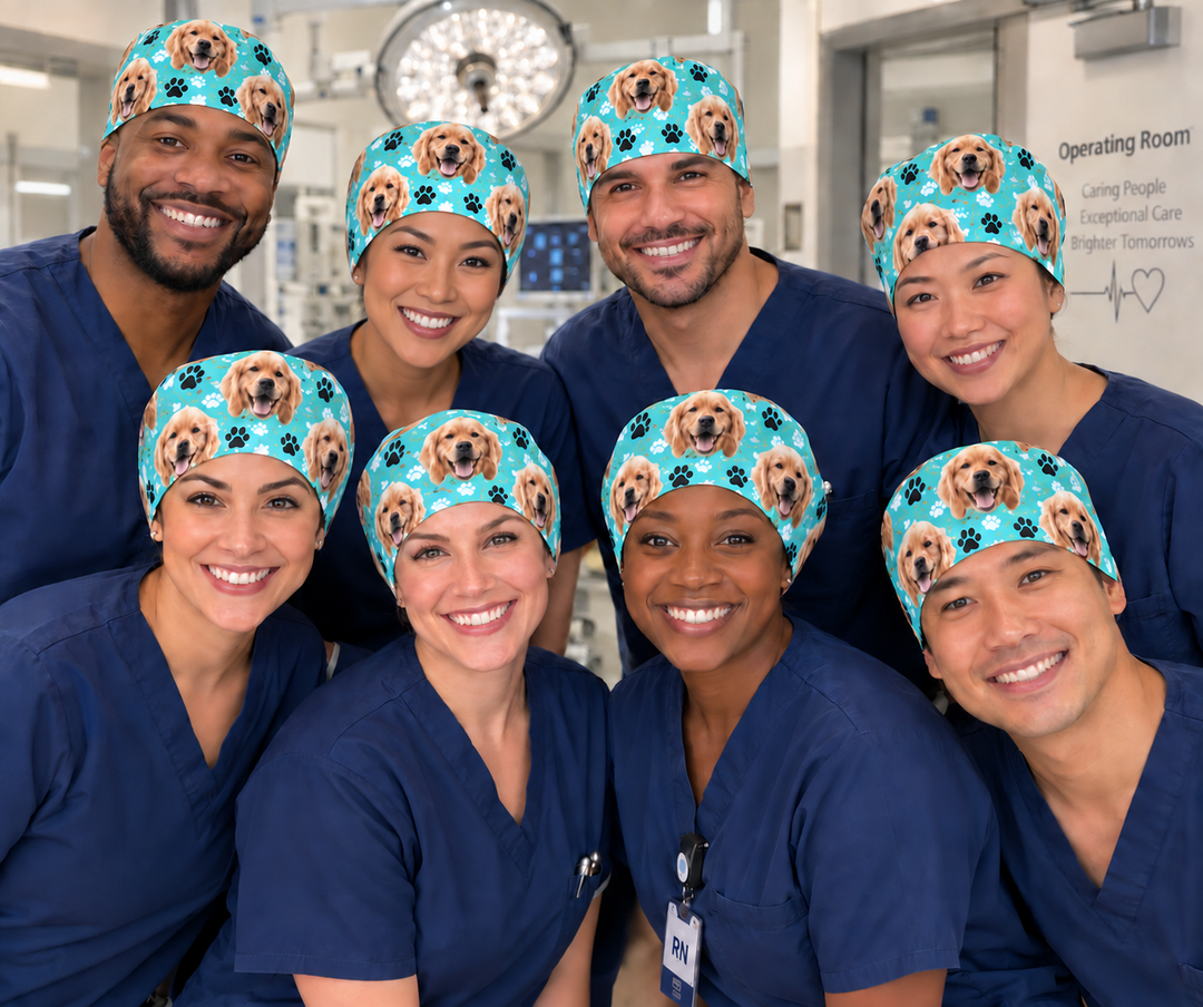 Team of eight OR nurses and surgeons wearing matching custom photo scrub caps with a golden retriever print, bulk custom scrub cap order for hospital teams