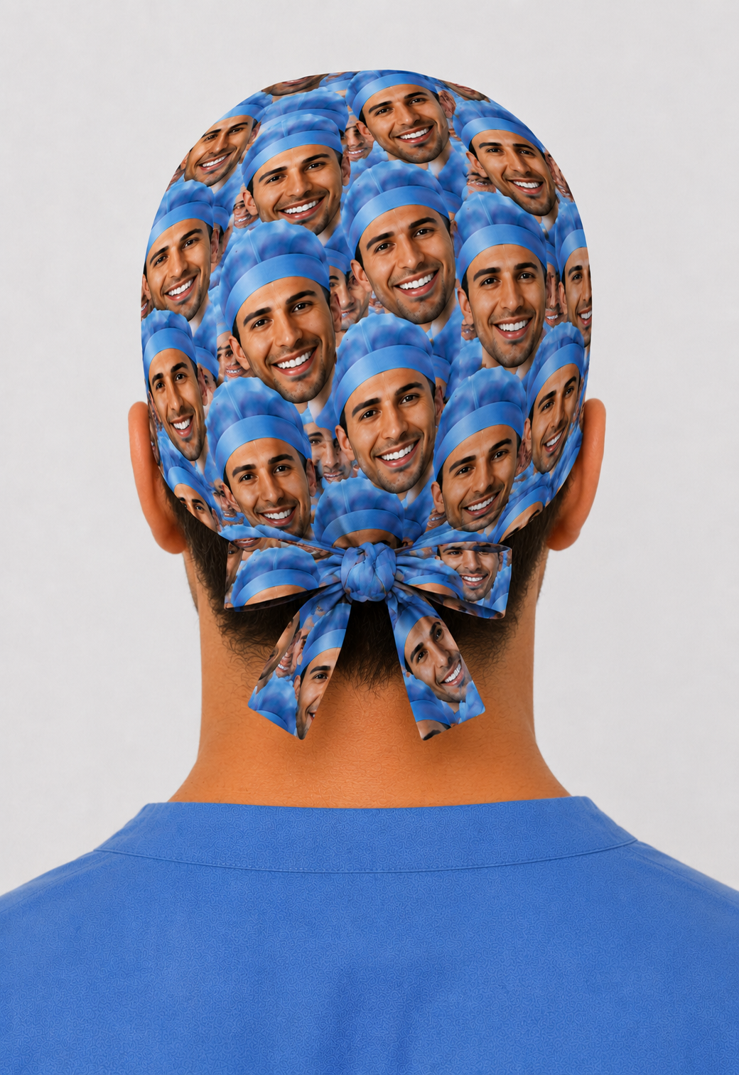 Back view of custom photo tie-back scrub cap with face collage — personalized surgical hat for surgeons & nurses, handmade-in-USA OR World.