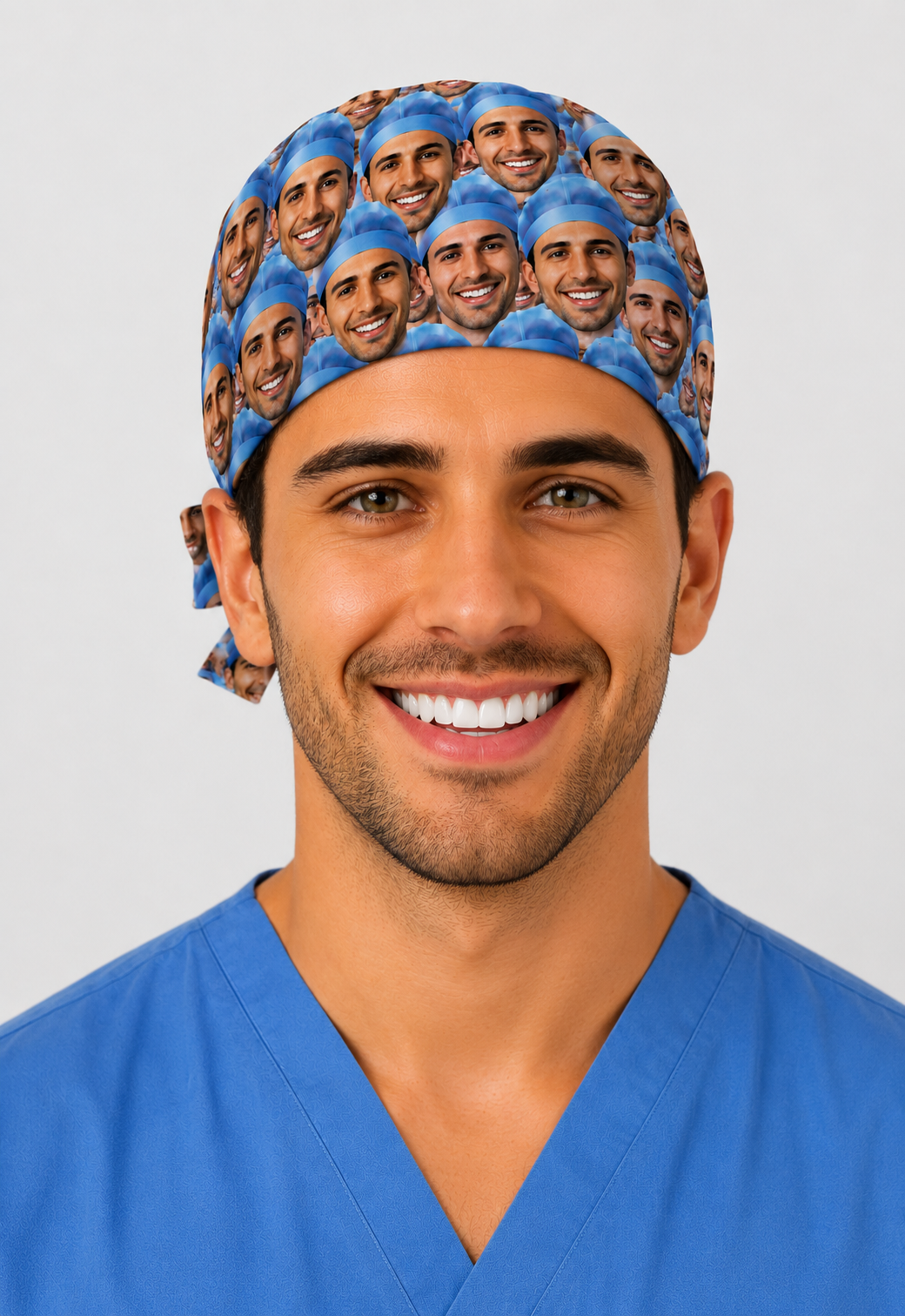 Custom photo scrub cap in face-collage style on a male model — personalized surgeon photo surgical hat, handmade in the USA by OR World.