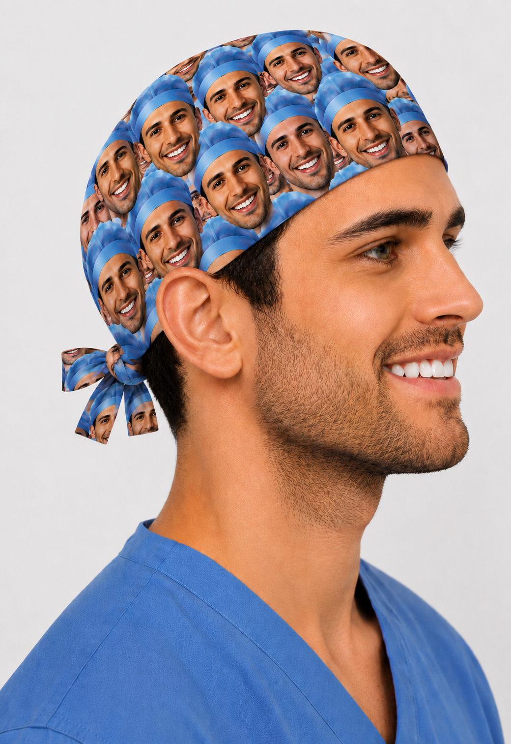 Side view of custom photo face-collage scrub cap — personalized photo surgical hat for nurses & surgeons, handmade USA, up to 10 photos.