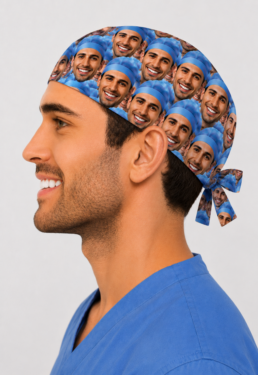 Profile view of personalized face-collage custom photo scrub cap — thank-you & graduation gift for a healthcare hero, handmade in the USA.