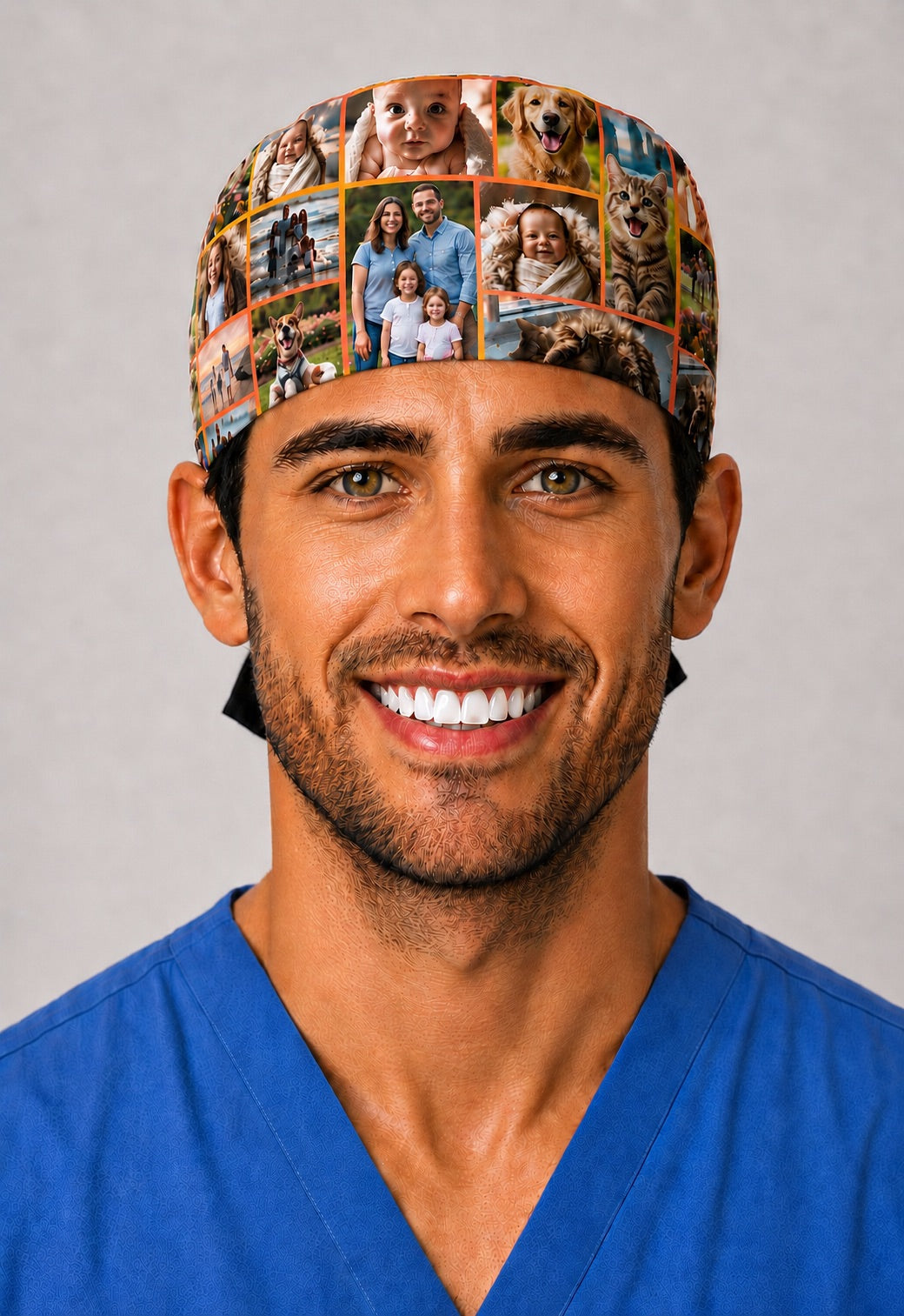 Male surgical tech wearing a sunset ombré custom photo scrub cap with a baby, family and pet photo grid, front view — personalized photo surgical hat for the OR team, handmade in the USA by OR World.