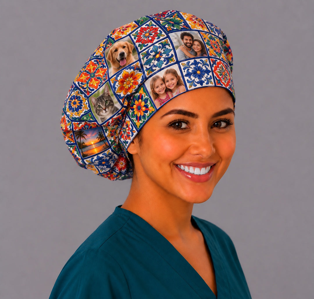 Smiling nurse wearing a custom photo Talavera tile bouffant scrub cap with her family, dog and cat photos set among blue and orange Mexican tiles