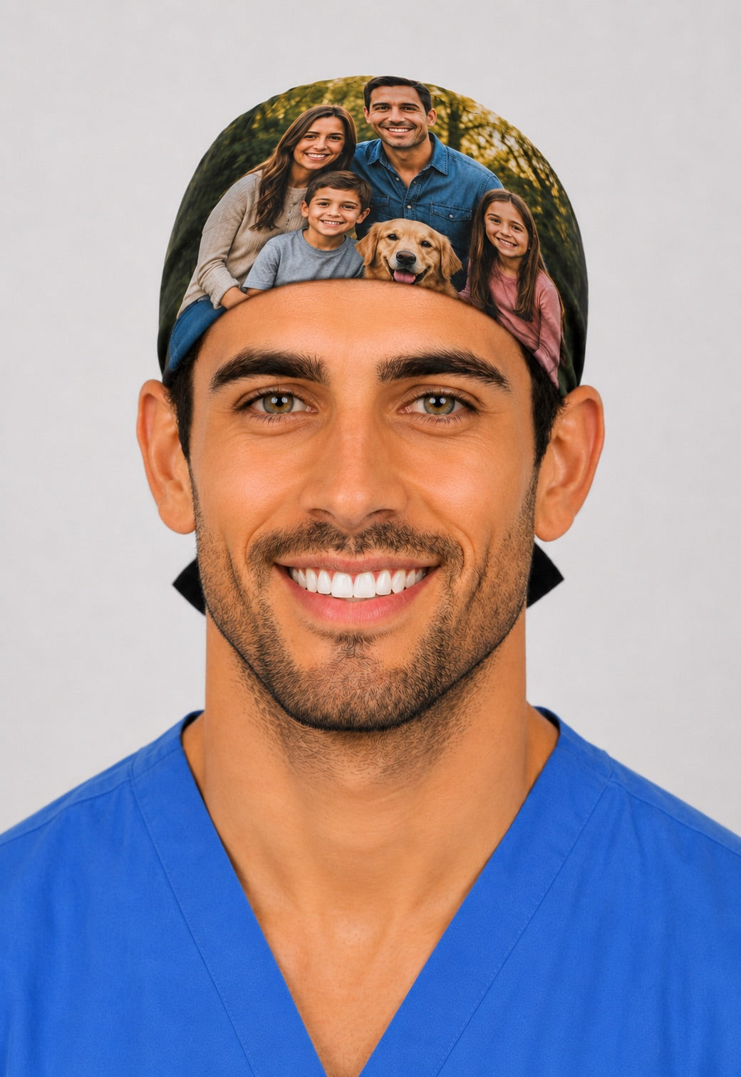 custom photo team group mens scrub cap front view — best retirement gift for surgeon from OR team — surgical team faces printed on scrub cap — OR World