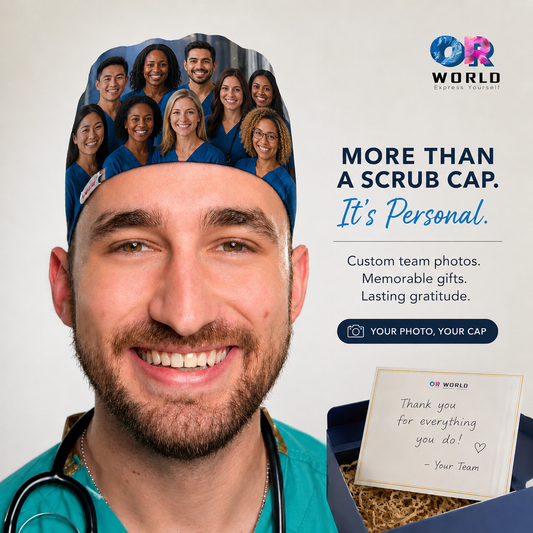 custom photo team group mens scrub cap front view — best retirement gift for surgeon from OR team — surgical team faces printed on scrub cap — OR World