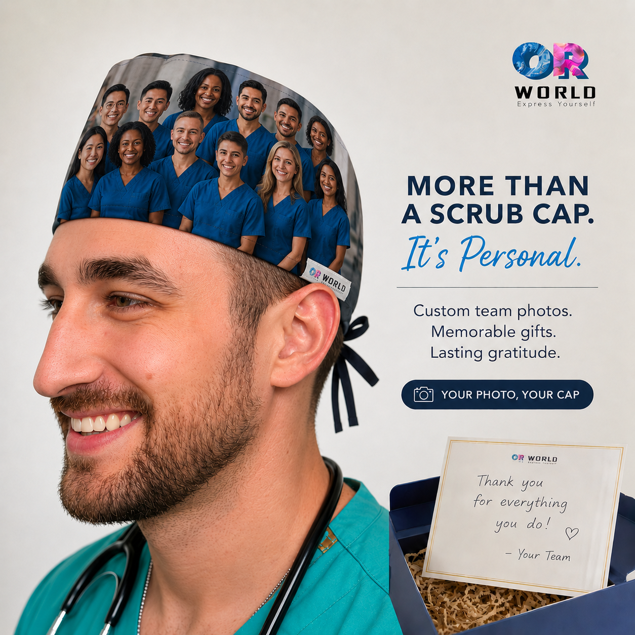 custom photo surgical team group scrub cap left side — personalized gift for surgeon retirement graduation farewell — handmade USA OR World