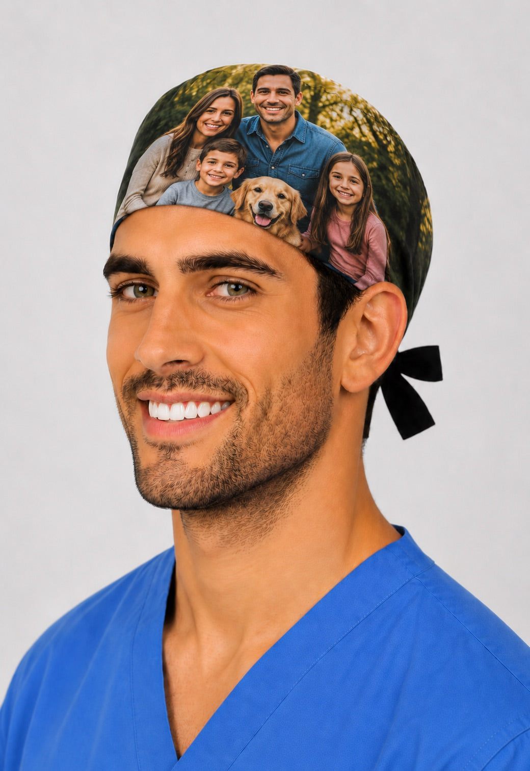 custom team photo mens scrub cap right side — gifts for surgeons anesthesiologists veterinary OR nurses — OR World handmade surgical hat