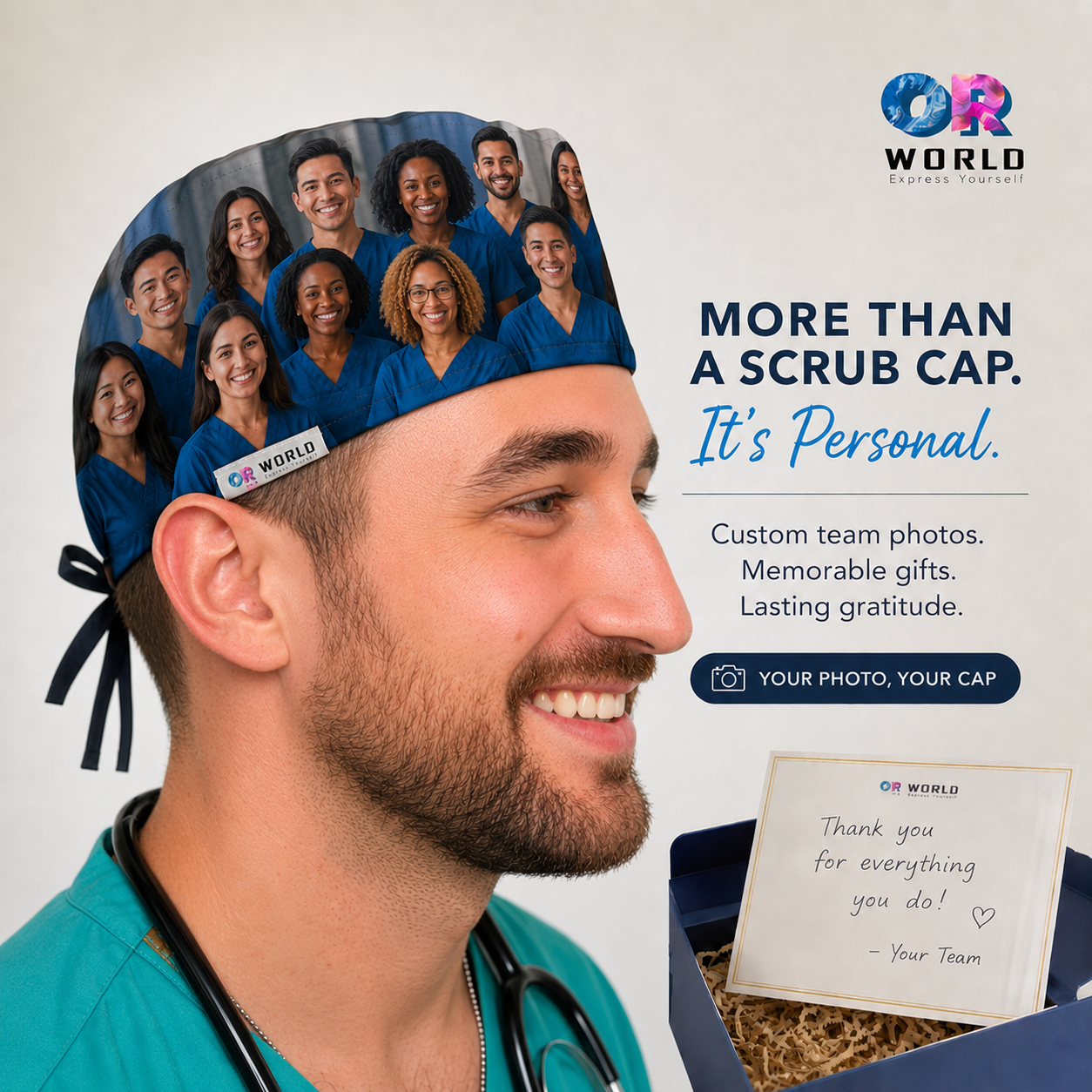 custom team photo mens scrub cap right side — gifts for surgeons anesthesiologists veterinary OR nurses — OR World handmade surgical hat