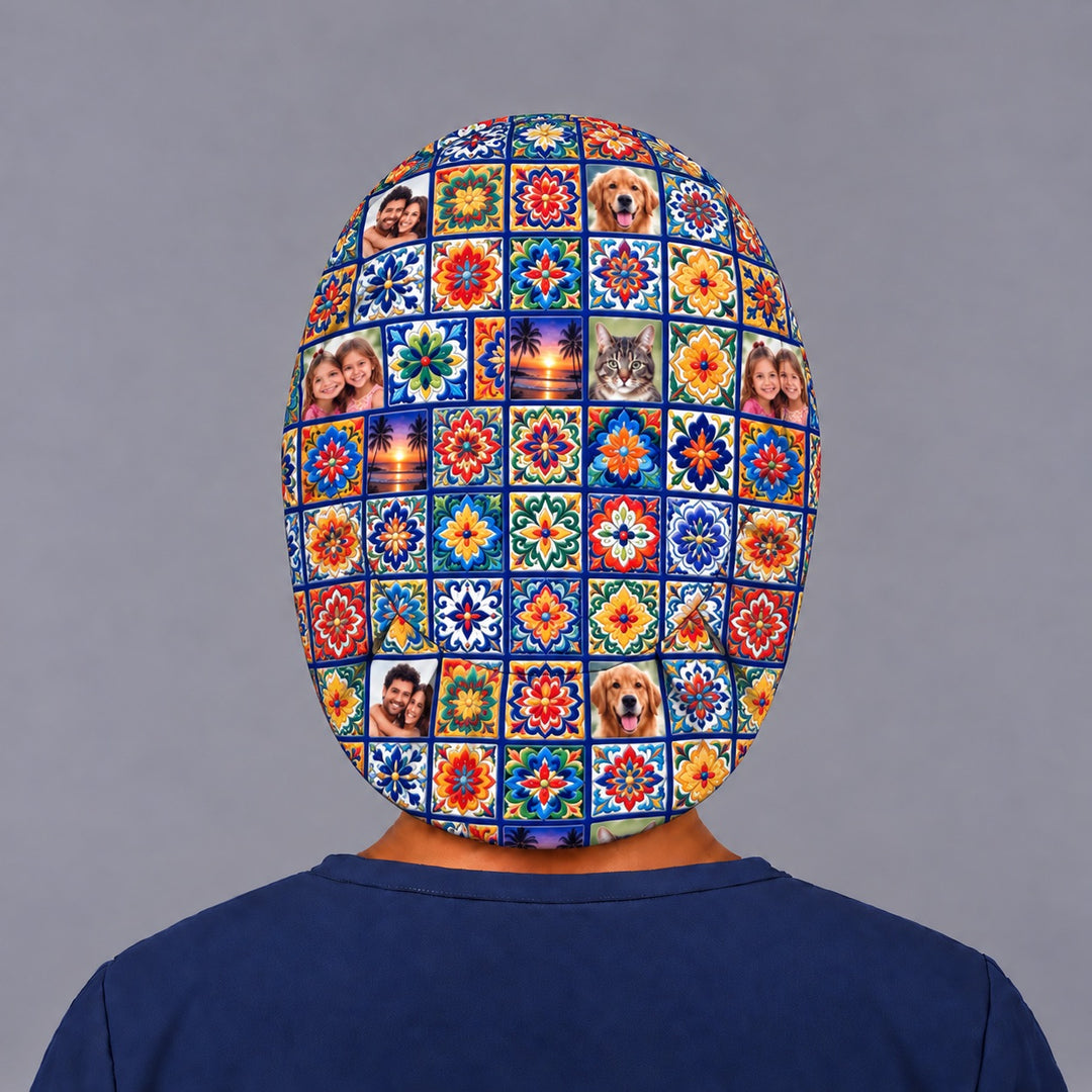 Back view of the custom Talavera photo euro cap, showing the full tile grid across the oval crown with repeating pet, kids and family photo squares