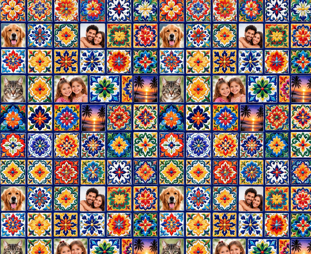 Close up of custom Talavera tile photo fabric printed on 100% premium Kona cotton with family and pet photos mixed into the tiles
