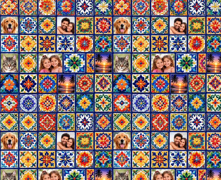 Close up of custom Talavera tile photo fabric printed on 100% premium Kona cotton with family and pet photos mixed into the tiles