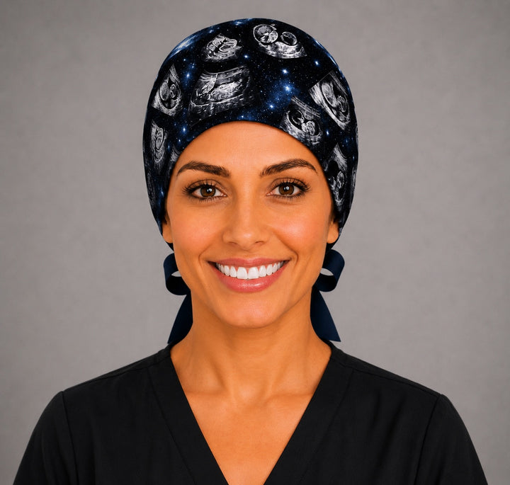 Front view of custom ultrasound ponytail scrub cap on a woman, adjustable tie back surgical hat for OB GYN and pregnant nurses, personalized ultrasound galaxy print, OR World.