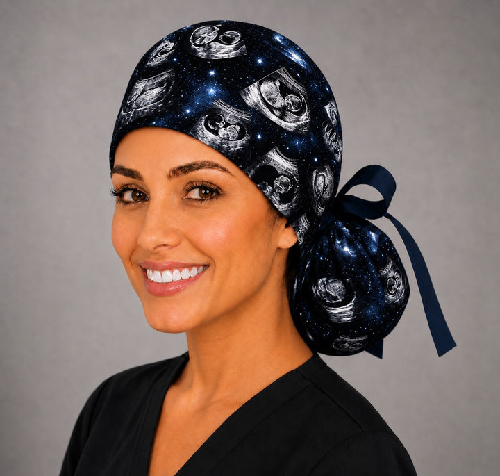 Custom ultrasound ponytail scrub cap on a smiling woman, three quarter view, personalized ultrasound photos scattered on a galaxy background, handmade in USA by OR World.