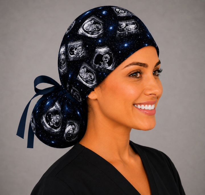 Side view of custom ultrasound ponytail scrub cap showing the roomy gathered pouch for long hair, personalized surgical hat for labor and delivery nurses, handmade in USA.