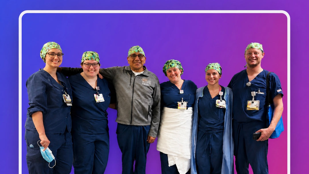 Healthcare team wearing matching custom photo scrub caps and personalized surgical hats in the operating room. Group of nurses, surgical technologists, and medical professionals modeling custom printed scrub caps available in bouffant, ponytail, euro, and men's tie-back styles. Personalized photo scrub caps for hospitals, residency programs, healthcare teams, and bulk custom orders with optional satin lining and matching pet bandanas.