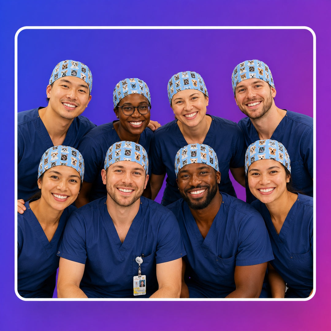 Team photo of personalization custom photo scrub caps from OR World Surgical Hats. Each scrub cap has photo printed fabric of their own pets on one cap as a bulk order. optional satin lining 