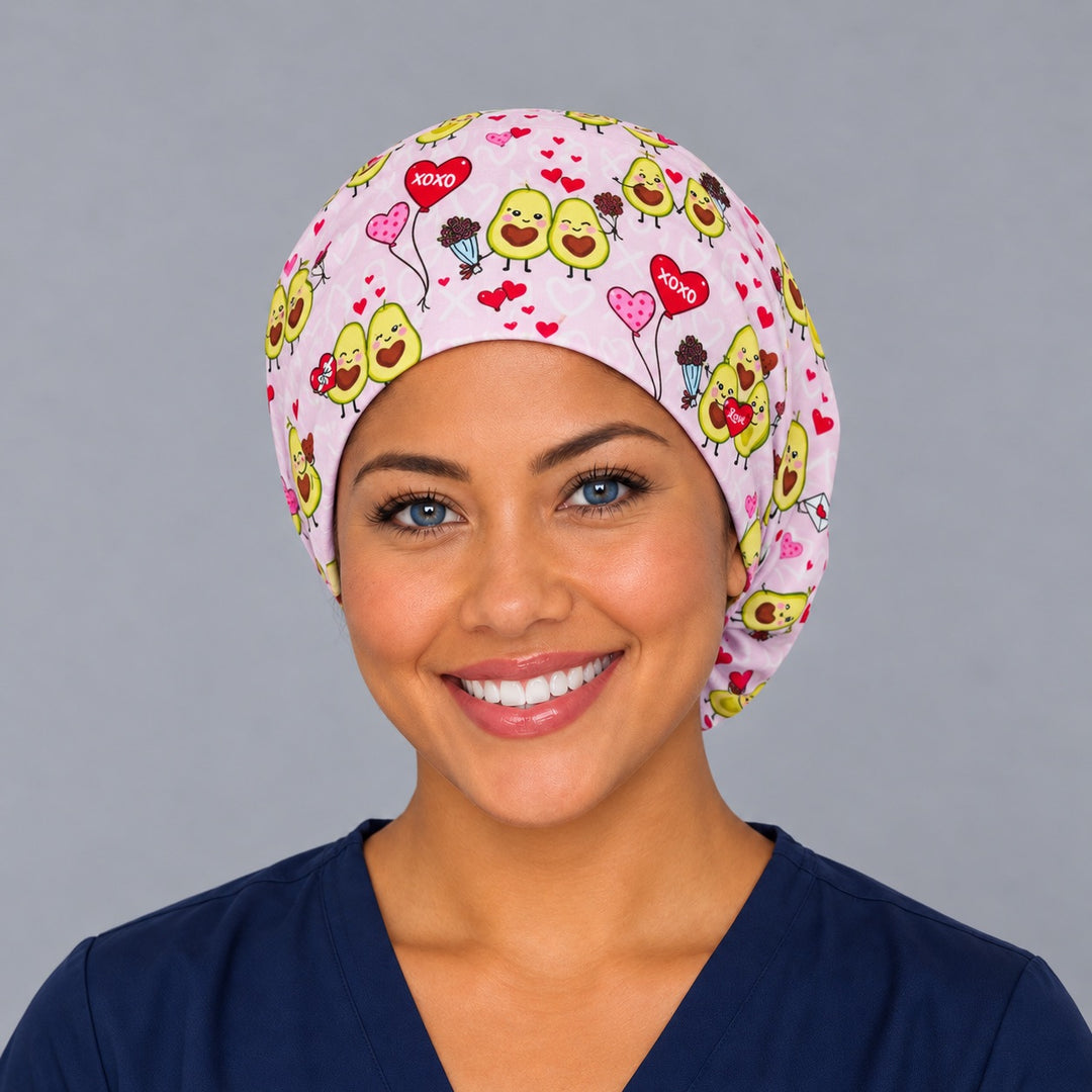 Cute avocado heart Euro scrub cap, left side profile — heart balloon bunch print for OR nurses and surgical techs