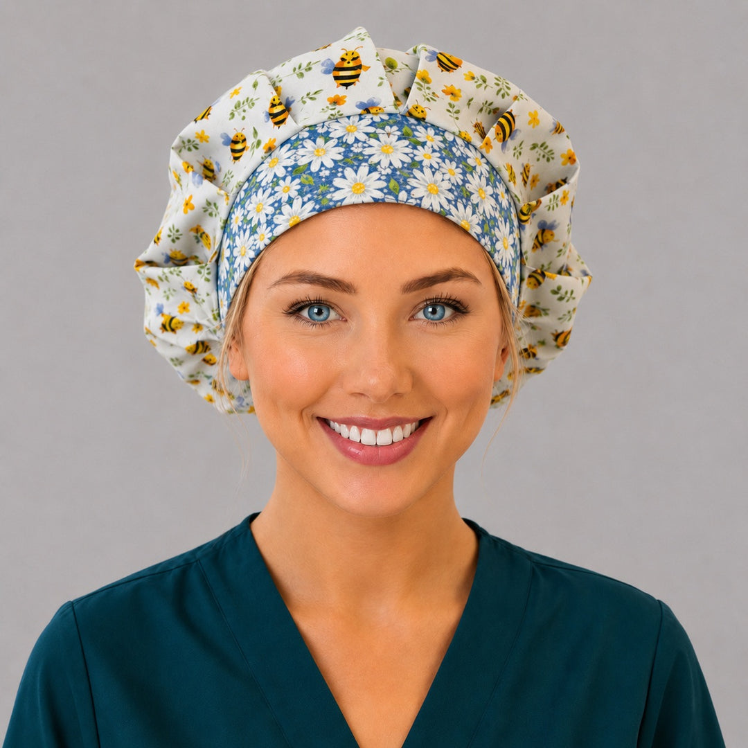 Angled view of the cute bee bouffant cap for women on a smiling spring nurse — handmade daisy band cotton surgical cap, USA made