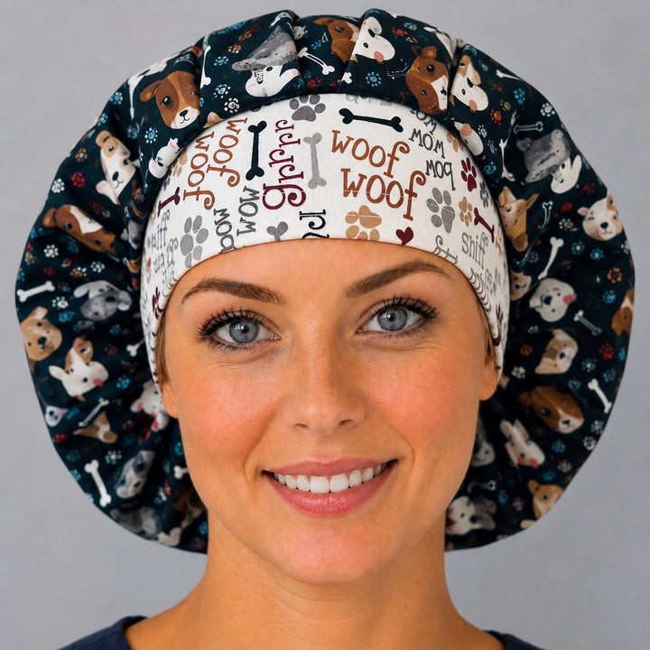 Woman wearing a cute dog and puppy print bouffant scrub cap, front view — navy puppy faces with cream Woof word-print band, adjustable unisex surgical hat