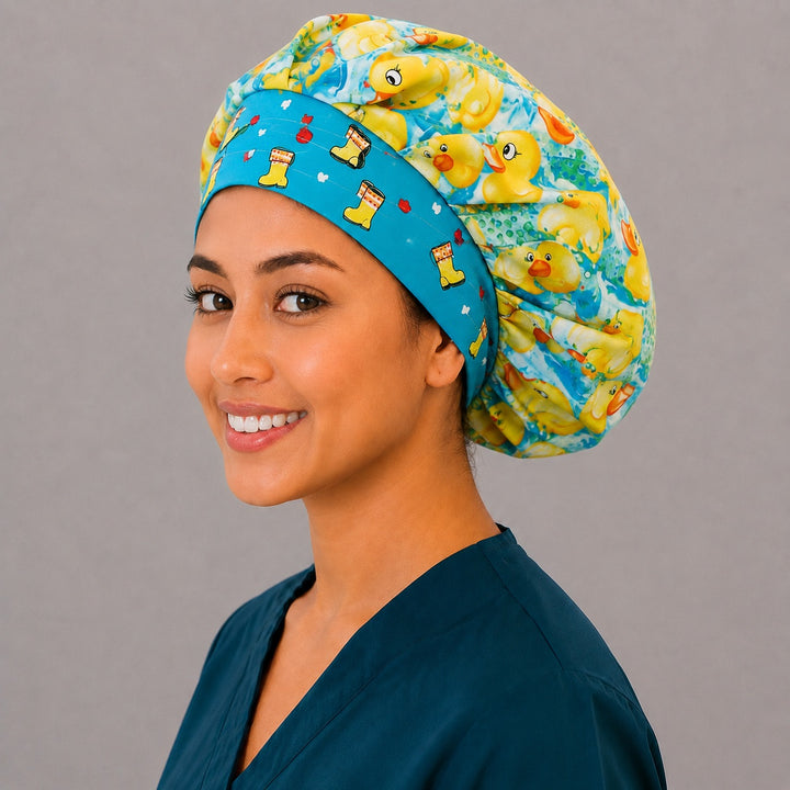 Cute duckling bouffant surgical cap for long hair, left angled view — deep gathered fit for OR and pediatric teams