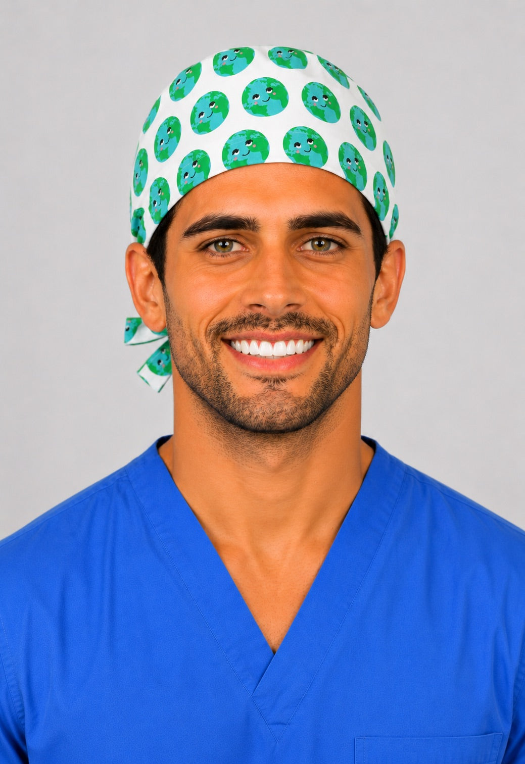 Cute smiling Earth globe print traditional tie-back scrub cap, front view — cotton surgical cap for nurses and doctors, handmade in the USA