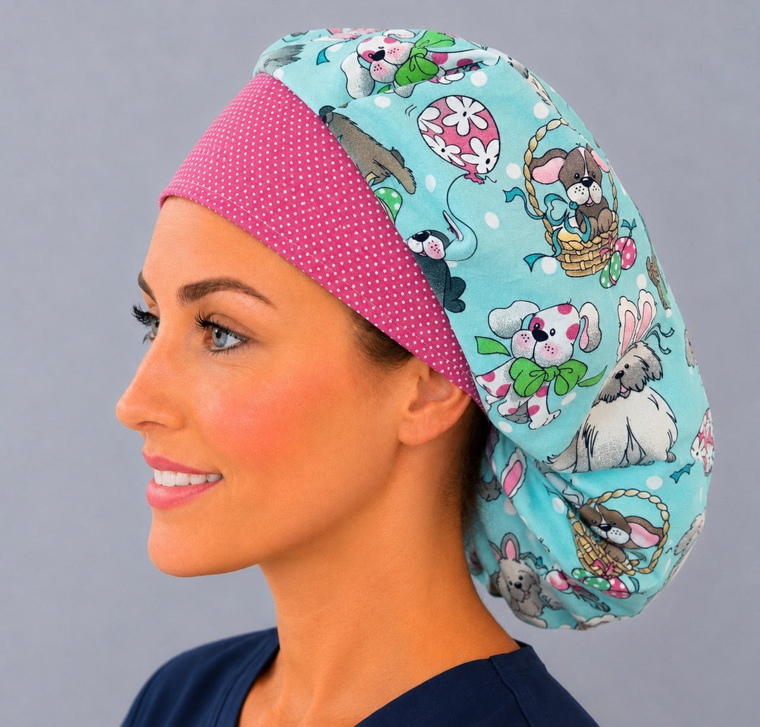 Cute Easter dog bouffant surgical cap for women, three-quarter smiling view — puppies, bunny ears and Easter eggs bouffant scrub hat, breathable cotton