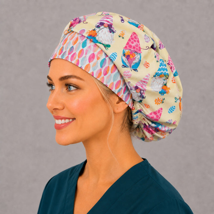 Cute Easter gnome bouffant cap for women, opposite side profile — handmade pastel gnome print surgical cap, USA made