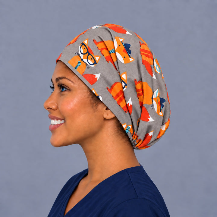 Cute fox Euro cap, left side profile — handmade orange and grey fox print surgical cap, USA made