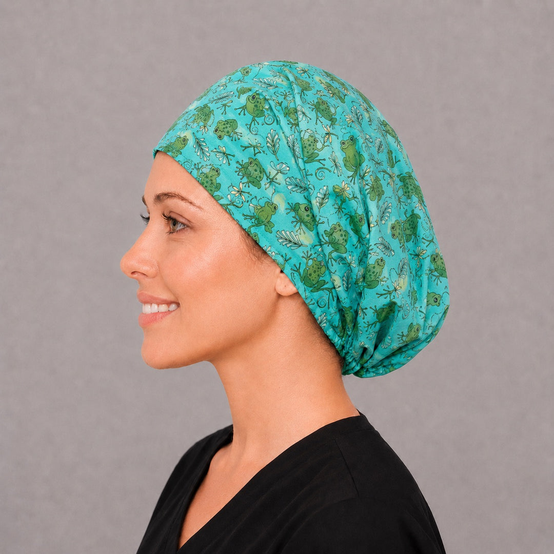 Cute frog Euro cap for women, left side profile — handmade teal frog surgical cap, USA made