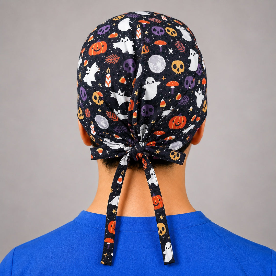 Cute ghost and candy corn surgical hat with side tie, autumn OR cap that suits short hair