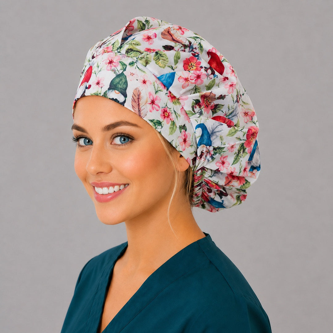 Cute gnome bouffant surgical cap for long hair, left angled view — deep gathered fit that secures thick or braided hair