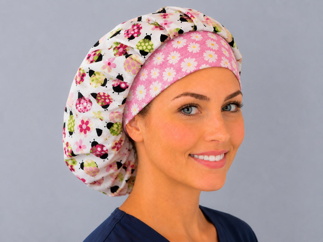 Cute ladybug bouffant surgical cap for women, three-quarter view — breathable cotton bouffant scrub hat with thick daisy front band