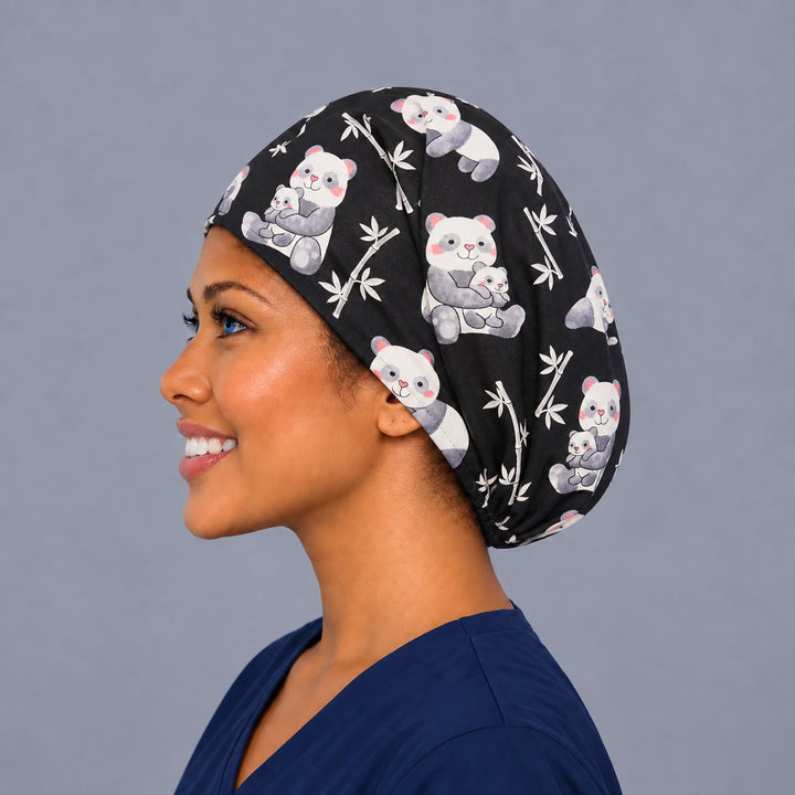 Left side profile of the cute panda Euro surgical hat — bamboo stalk print, breathable black cotton cap for nurses